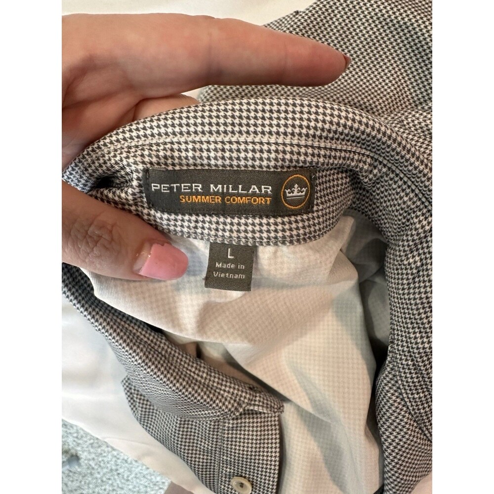 Peter Millar Summer Comfort Polo Mens L Silver Oak Leaf Gray Houndstooth - Picture 4 of 5